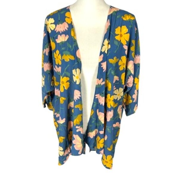 LuLaRoe Tops - LuLaRoe Lindsay Large Open Kimono Cardigan Bohemian Blue Floral Yellow Pink